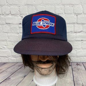 Vintage Trucker Hat Foam Cap Snapback Navy Blue Blue Streak Patch DISCOLORATION